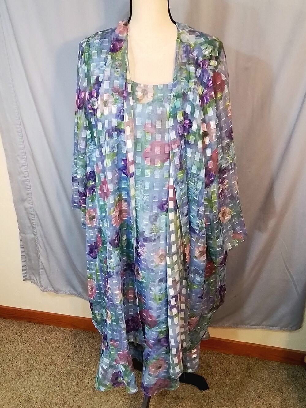 Dami M & Co; Dress and sheer cover up, blue with multiple colors and squares